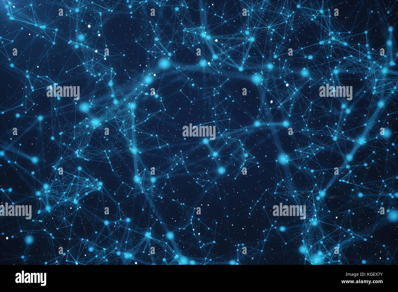 3D rendering tecnologico futuristico di connessione forma, blue dot rete, sfondo astratto, sfondo blu con stelle e nebula, il concetto di rete. Foto Stock