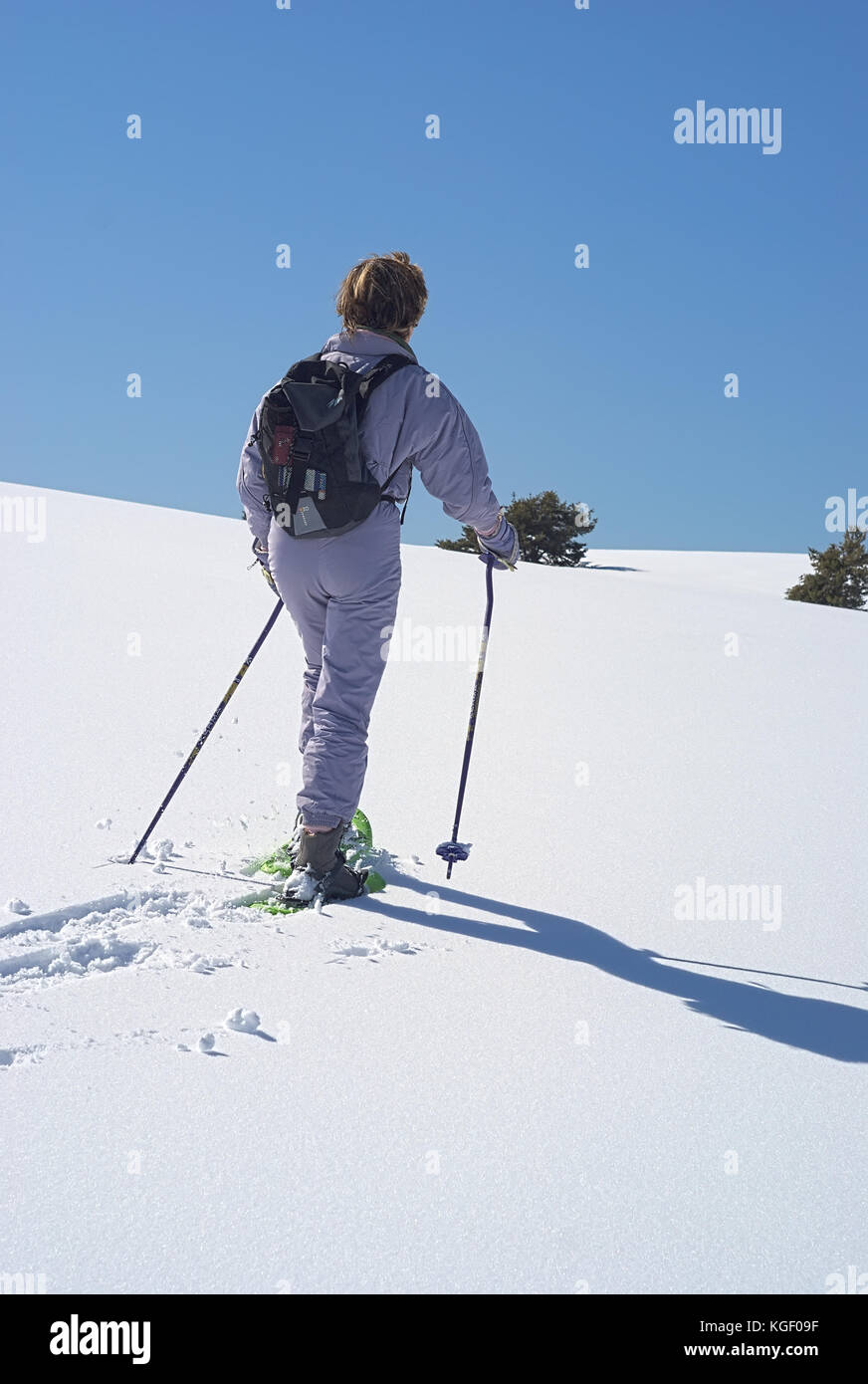 Donna scalare una montagna con le racchette da neve a sud delle Alpi (riviera francese) Foto Stock