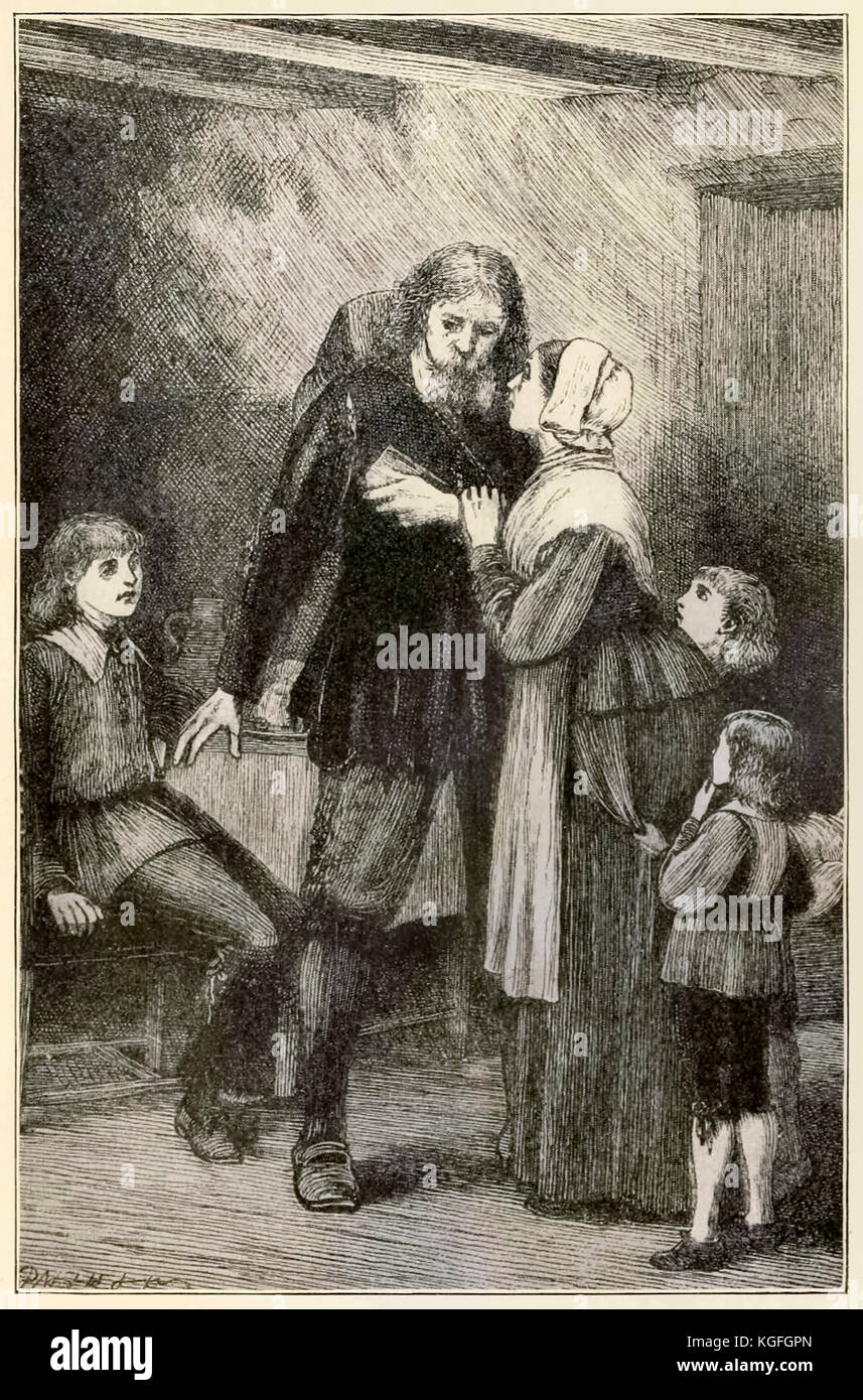 'Cristiana confida nella sua moglie' da 'Pellegrino la progressi da questo mondo per ciò che è a venire" di John Bunyan (1628-1688) illustrazione di Thomas Dalziel (1823-1906). Christian con il pesante fardello dei suoi peccati offerte addio alla sua famiglia. Vedere ulteriori informazioni qui di seguito. Foto Stock