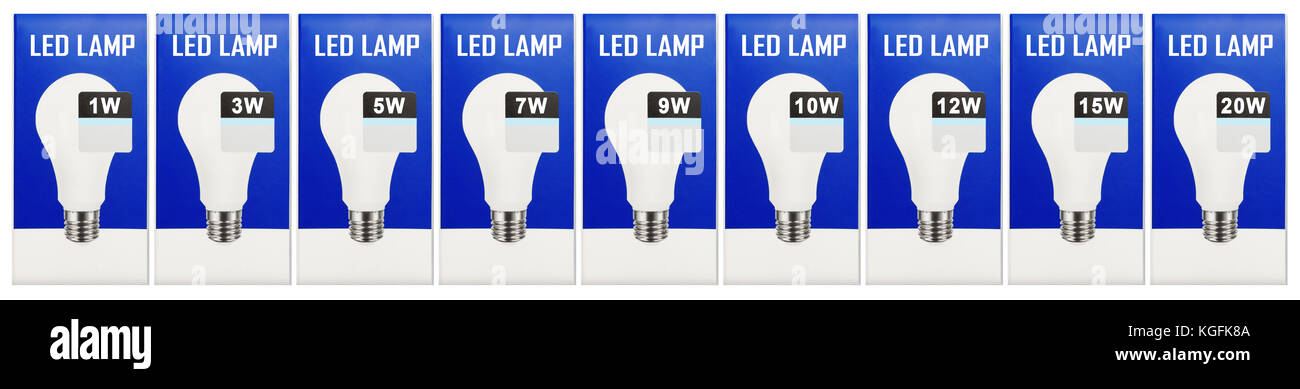 Rete elettrica - led lampade forfettaria di diversa potenza 1w, 3w, 5w, 7w, 9w, 10W, 12W, 15W, 20W su uno sfondo bianco. Foto Stock