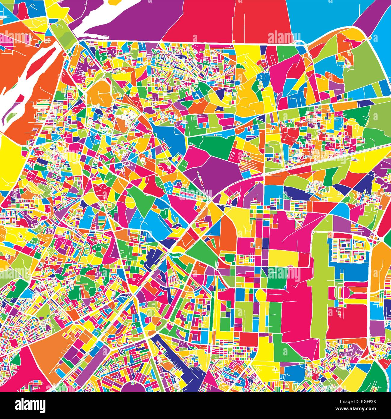 Lahore, Pakistan, colorata mappa vettoriale. Strade bianche, ferrovie e acqua. Colore luminoso punto di riferimento forme. Stampa di arte pattern. Illustrazione Vettoriale