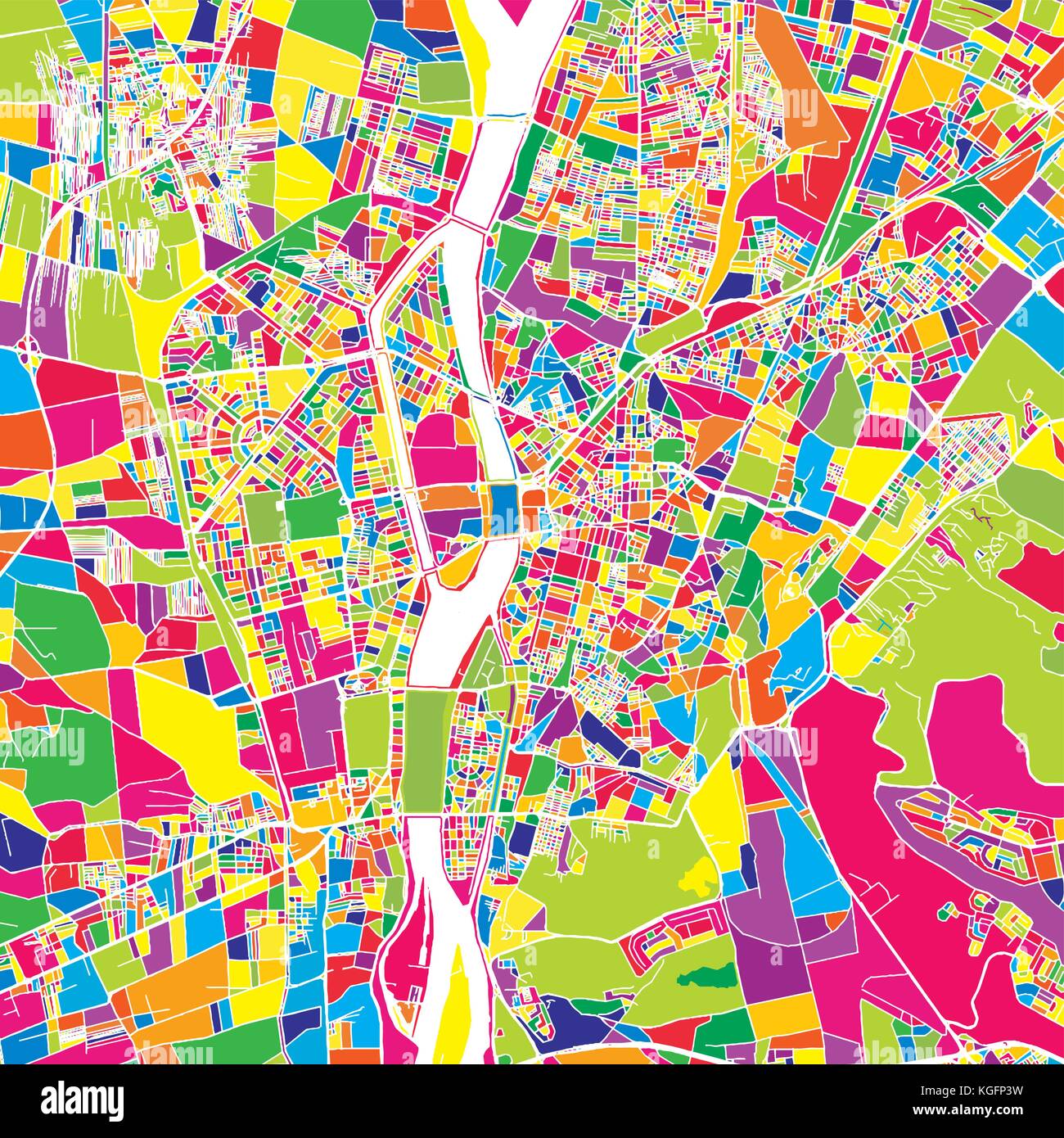 Il Cairo, Egitto, colorata mappa vettoriale. Strade bianche, ferrovie e acqua. Colore luminoso punto di riferimento forme. Stampa di arte pattern. Illustrazione Vettoriale