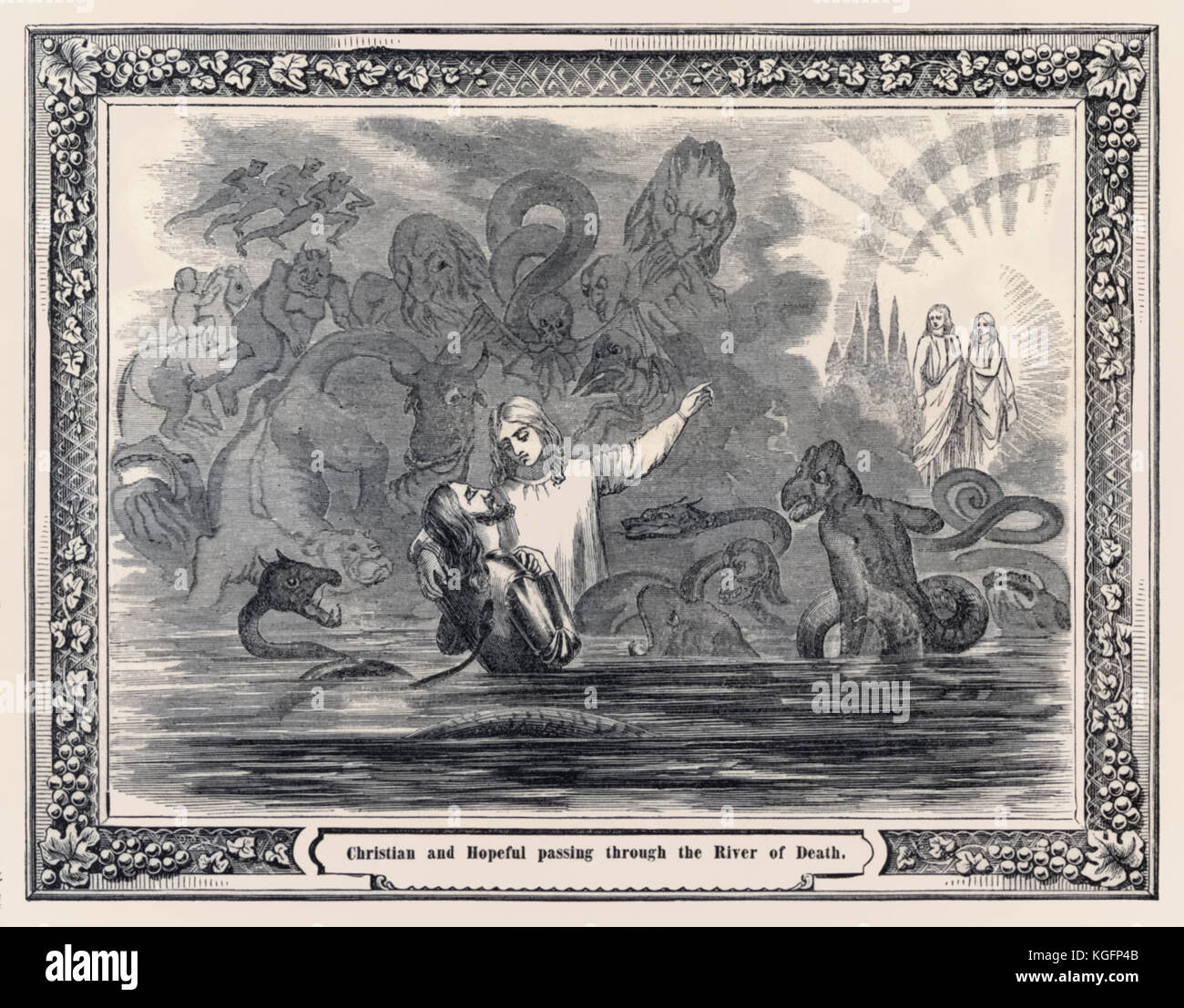 'Cristiana e con la speranza che passa attraverso il fiume della Morte' dal 'Pellegrino pittorica progresso dell' pubblicato da H. H. Lloyd & Co. NYC nel 1862 basata sulla "Pilgrim's Progress da questo mondo per ciò che è a venire" di John Bunyan (1628-1688), pubblicata per la prima volta nel 1678. Foto Stock