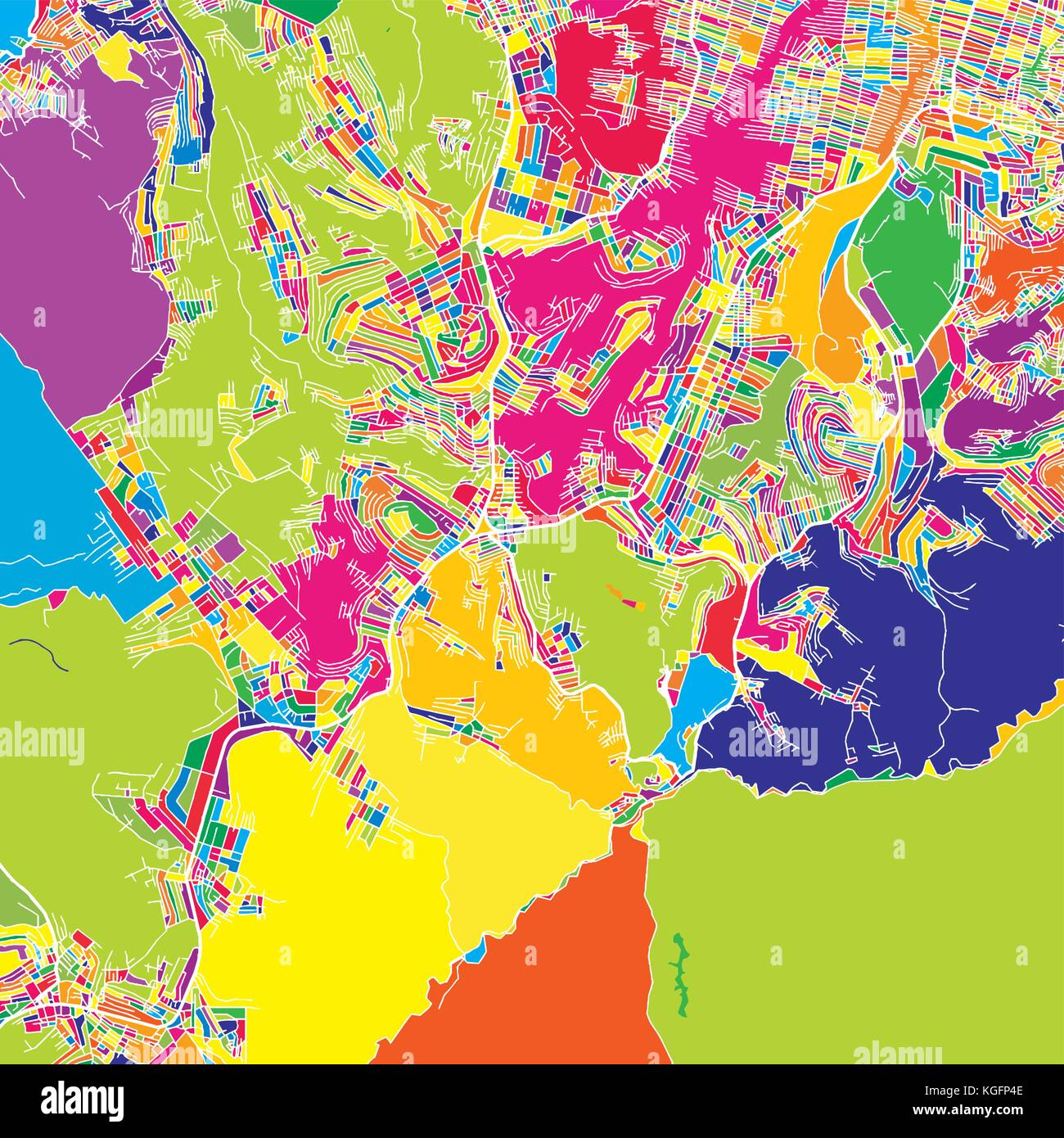 Kinshasa, Repubblica Democratica del Congo, colorata mappa vettoriale. Strade bianche, ferrovie e acqua. Colore luminoso punto di riferimento forme. Stampa di arte picchiettio Illustrazione Vettoriale