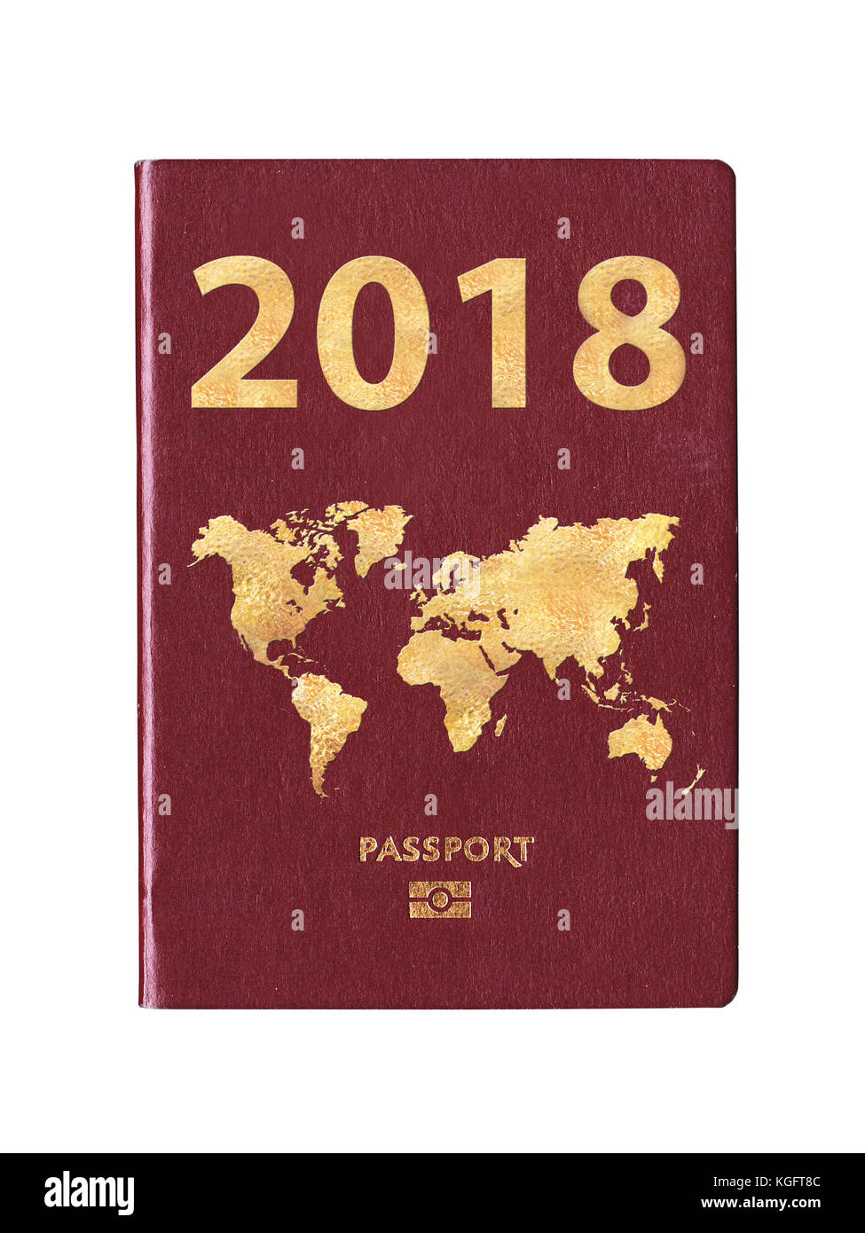 Passaporto 2018 con una mappa del mondo sul coperchio, concept Foto Stock