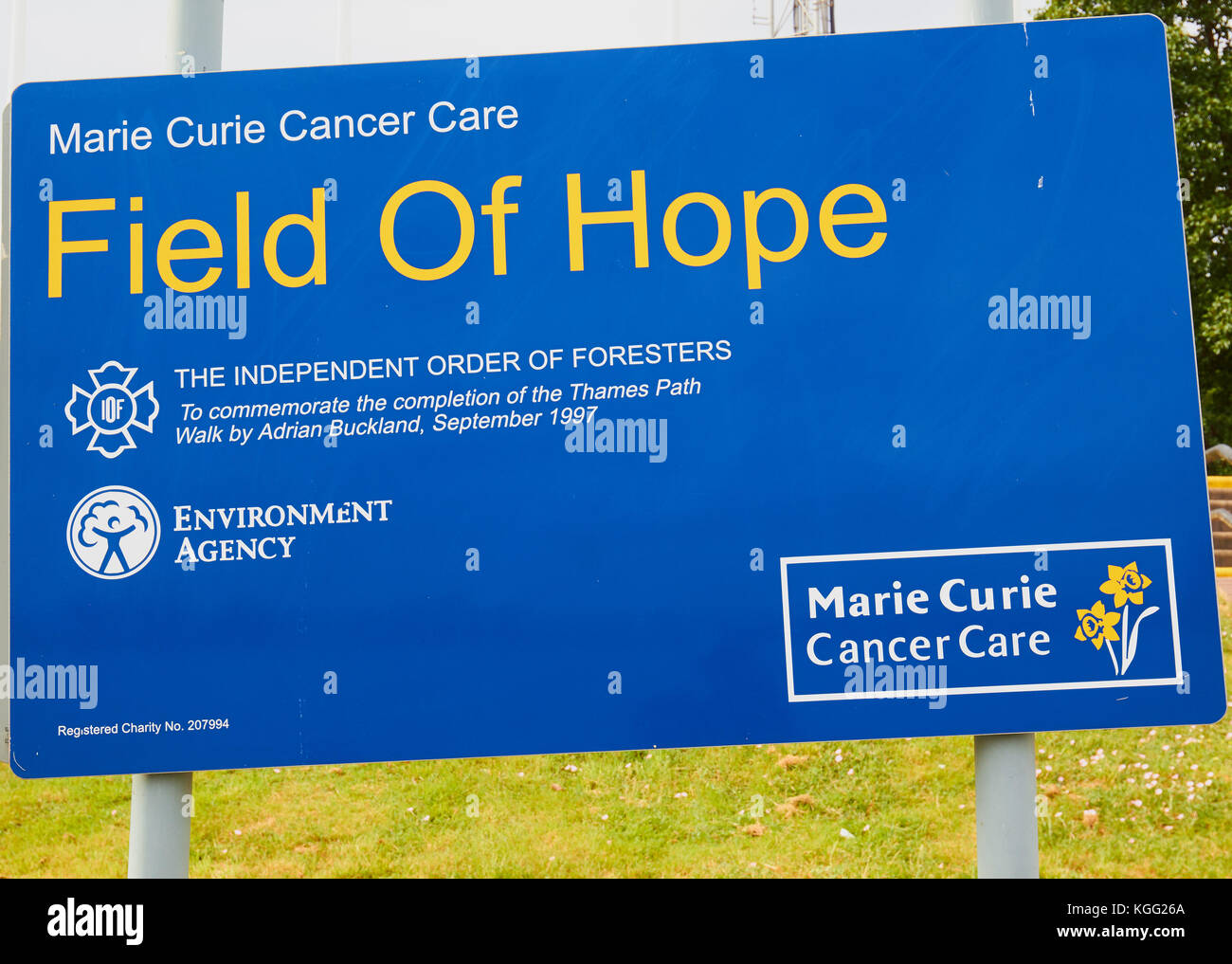 Segno per commemorare Adrian Buckland a piedi lungo tutto il percorso del Tamigi per raccogliere fondi per le borse Marie Curie per la cura del cancro, Greenwich, London, Regno Unito Foto Stock