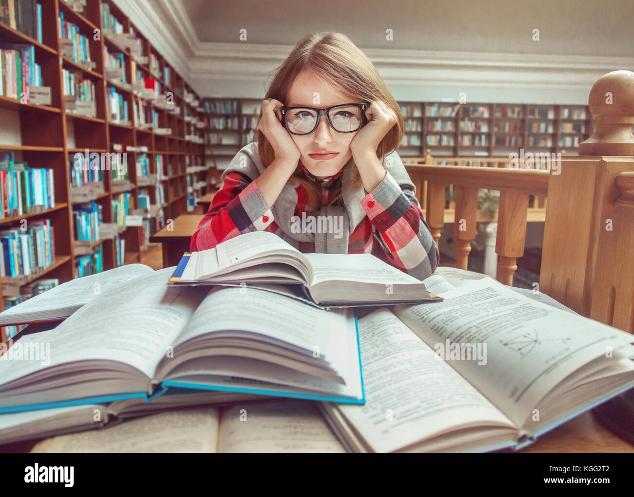 Ragazza studiare in biblioteca Foto Stock