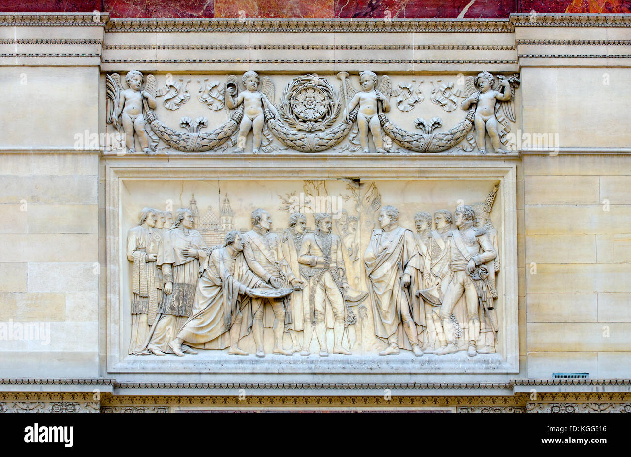 Parigi, Francia. Arc de triomphe du Carrousel (1808 - Place du giostra) bassorilievo in marmo rosa: Napoleone entrando in Vienna (da Louis-Pierre Deseine) Foto Stock