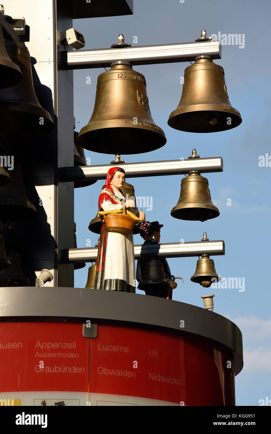 Glockenspiel in tribunale svizzero Leicester Square Londra riprogettato e restaurato dagli orologiai Smith di Derby. Campane e figure in Svizzera Foto Stock