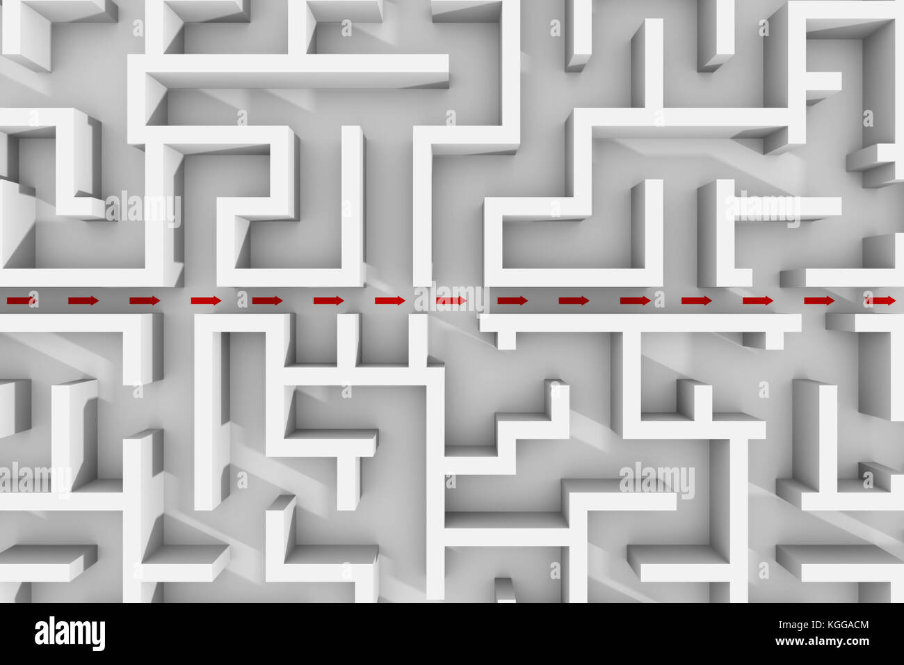 Bianco labirinto struttura, frecce rosse che mostra collegamento attraverso il giardino labirinto (3d'illustrazione) Foto Stock
