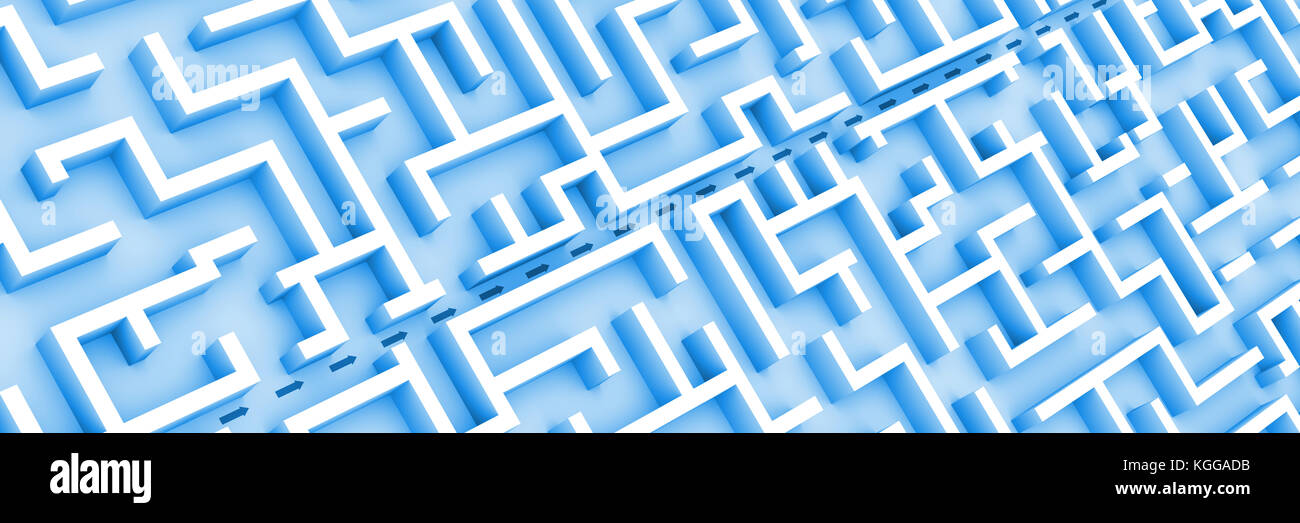 Enorme labirinto blu struttura, frecce di colore blu che mostra collegamento attraverso il labirinto del giardino (3d illustrazione banner) Foto Stock