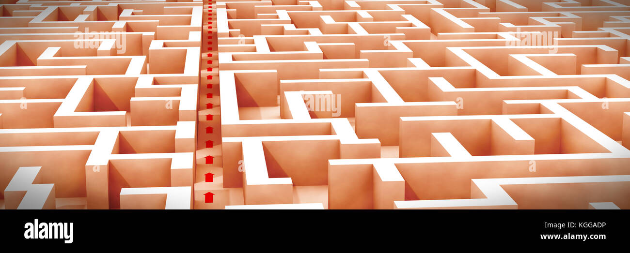 Una schifezza enorme struttura a labirinto, rosso le frecce che mostrano la scorciatoia attraverso il labirinto del giardino (3d illustrazione vintage banner) Foto Stock