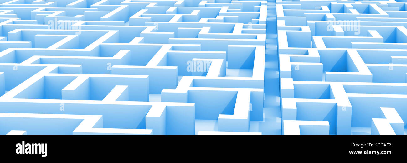 Giganti blu struttura a labirinto, con un percorso attraverso la struttura a labirinto (3d illustrazione banner) Foto Stock