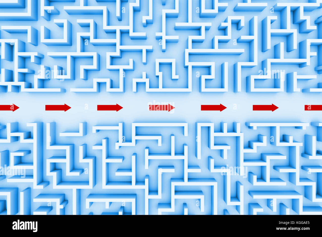 Blu enorme struttura a labirinto, rosso le frecce che mostrano la scorciatoia attraverso la parte centrale del giardino labirinto (3d'illustrazione) Foto Stock