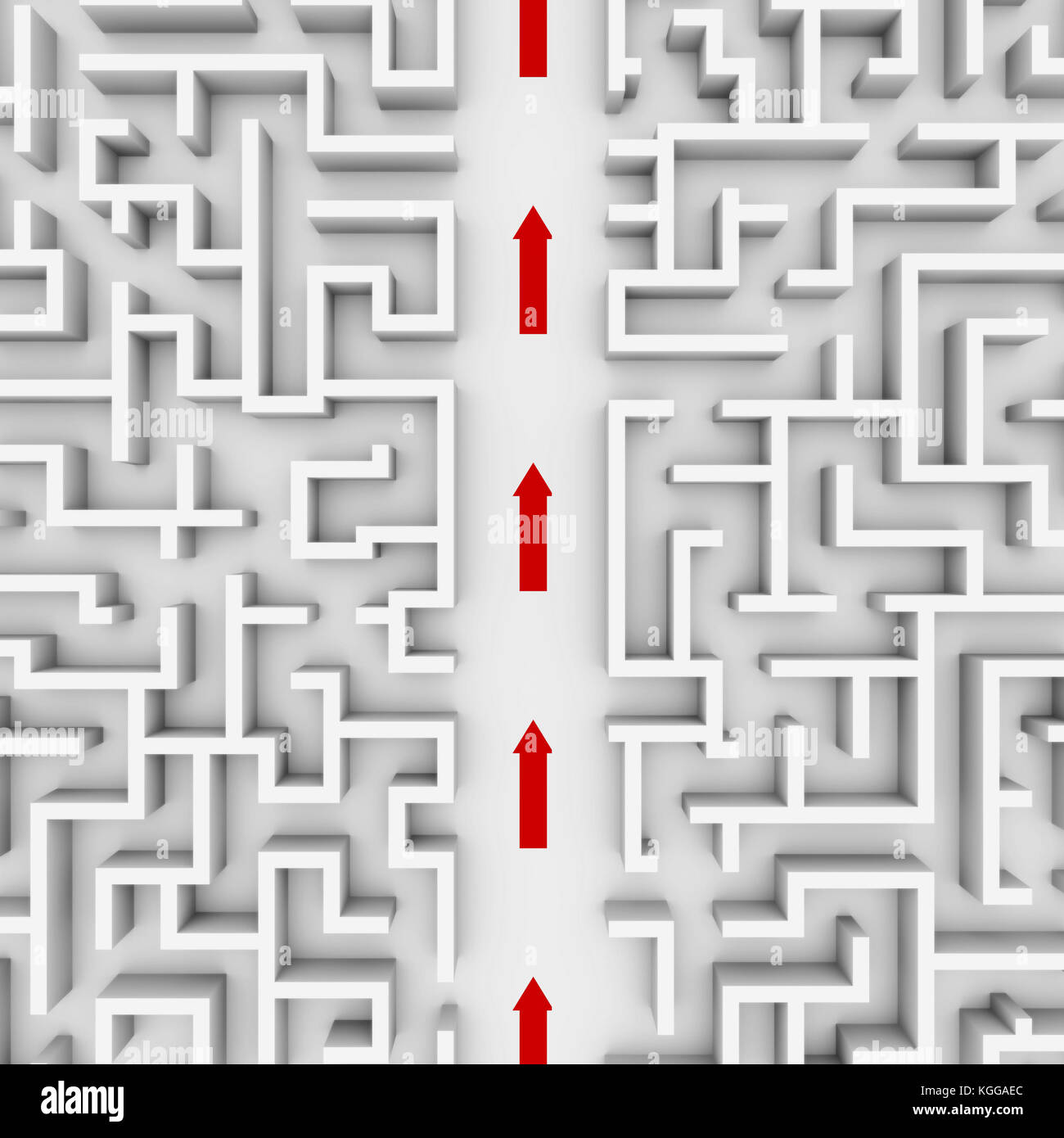 Bianca enorme struttura a labirinto, rosso le frecce che mostrano la scorciatoia attraverso la parte centrale del giardino labirinto (3d'illustrazione) Foto Stock