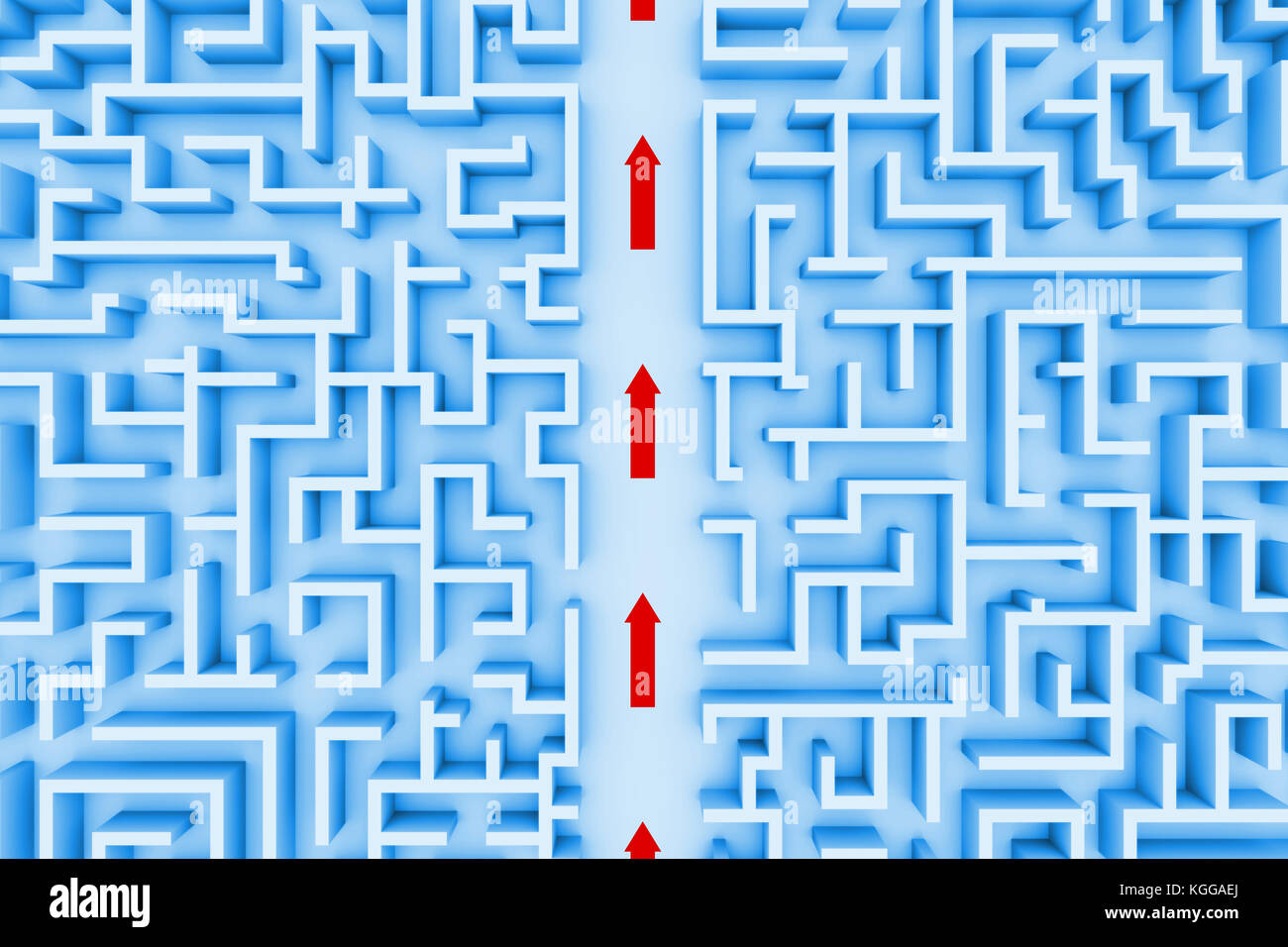 Enorme labirinto struttura, frecce rosse che mostra collegamento attraverso il labirinto (blu 3d'illustrazione) Foto Stock