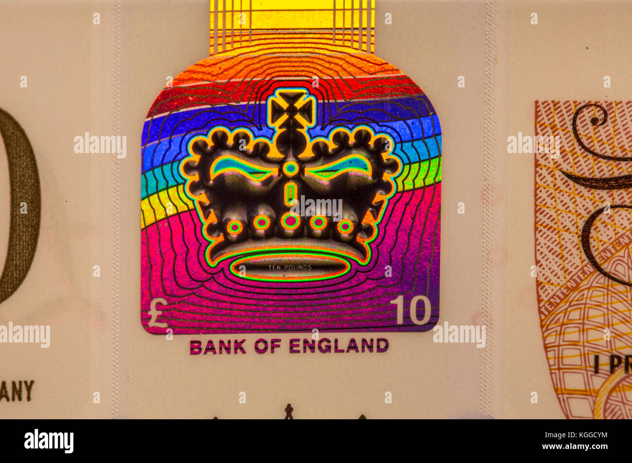 Nuovo dieci pound nota, close up dell'ologramma. Foto Stock