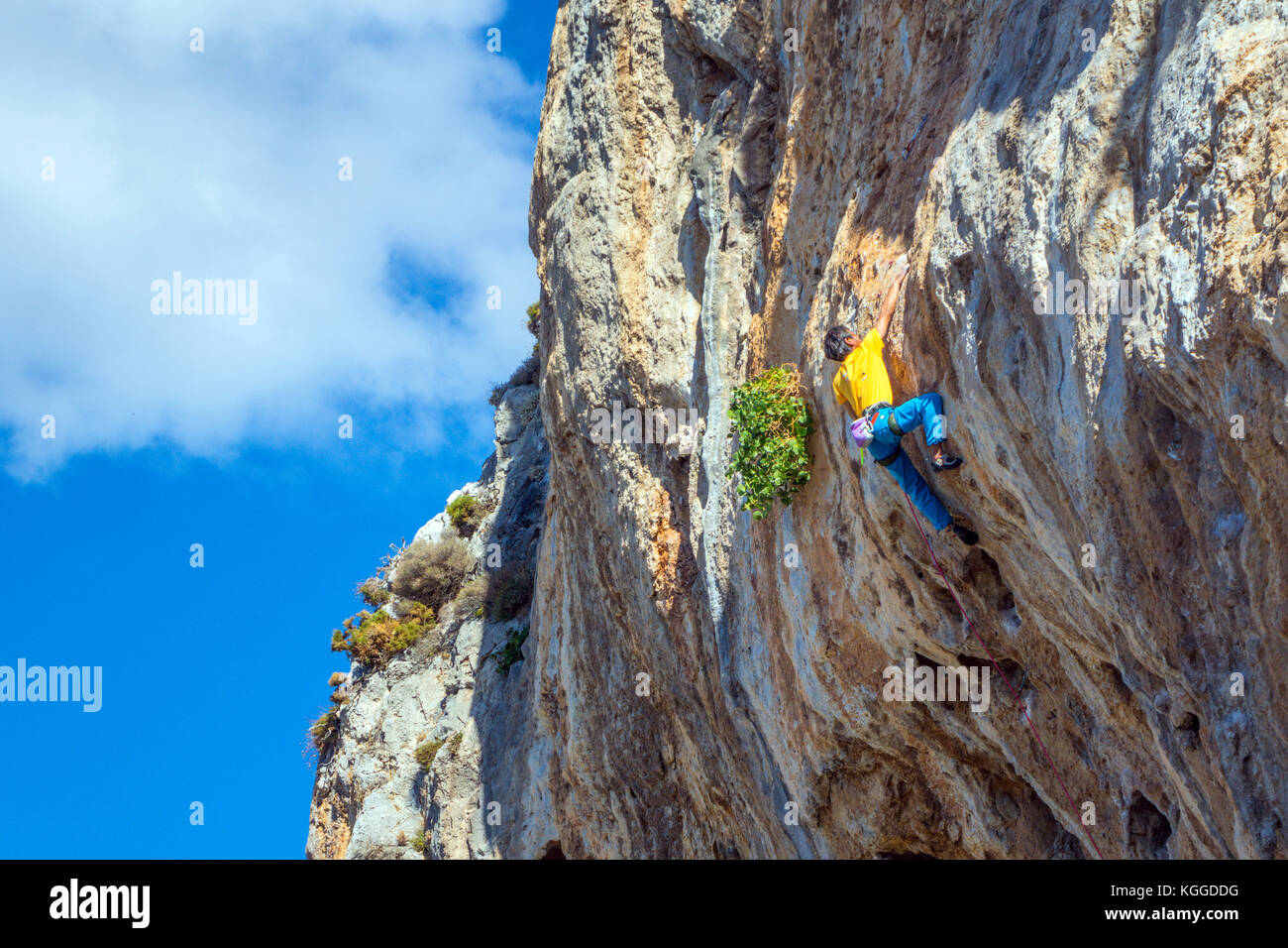 Roccia solitaria scalatore sulla ripida parete di roccia, cliff Foto Stock
