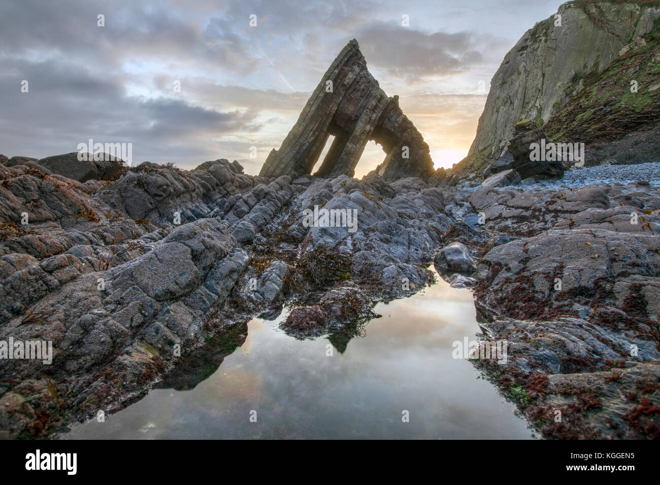 Blackchurch Rock, Bocca Mill Beach, Hartland, North Devon, Inghilterra, Regno Unito Foto Stock