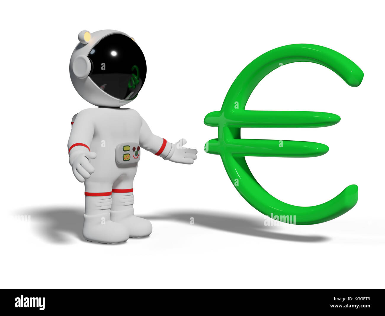 Astronauta guardando euro verde segno, Cartoon carino carattere con il simbolo di valuta isolati su sfondo bianco (3d'illustrazione) Foto Stock