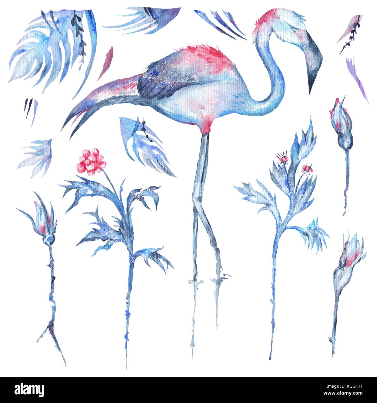 Esotiche foglie delle palme, rose e flamingo bird set isolato su sfondo bianco Foto Stock