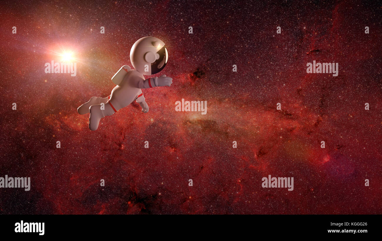 Cartoon astronauta carattere in uno spazio bianco tuta, uomo nello spazio esterno (3d'illustrazione) Foto Stock