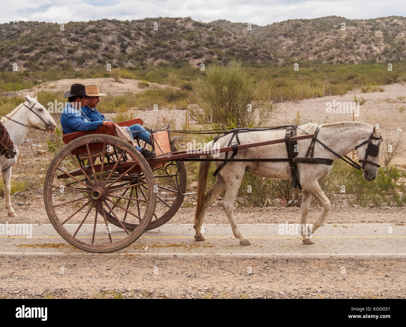 Gauchos in carrozza a cavallo, Vallecito, San Juan Provincia, Argentina Foto Stock