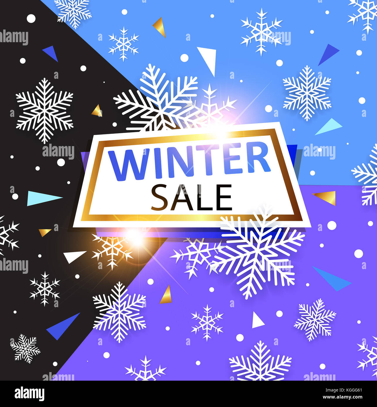 Design per natale stagionali vendita fiocchi di neve bianca e banner su geometrico astratto dello sfondo. Foto Stock