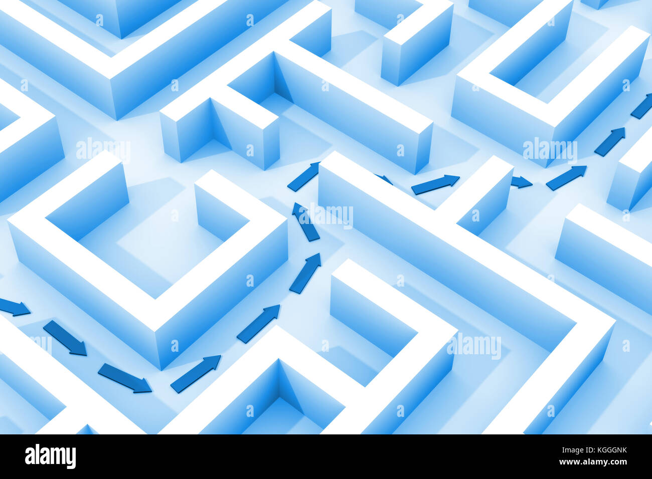 Blu struttura a labirinto con delle frecce che indicano il percorso ideale attraverso il labirinto (3d'illustrazione) Foto Stock