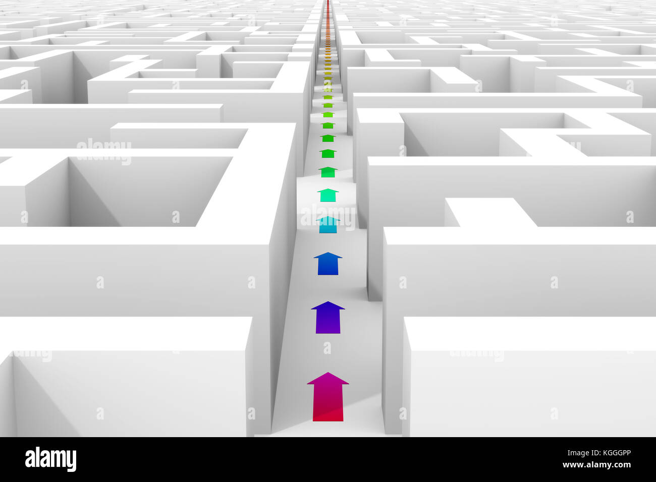 Enorme bianco labirinto struttura con color arcobaleno le frecce che mostrano la scorciatoia attraverso il labirinto (3d'illustrazione) Foto Stock