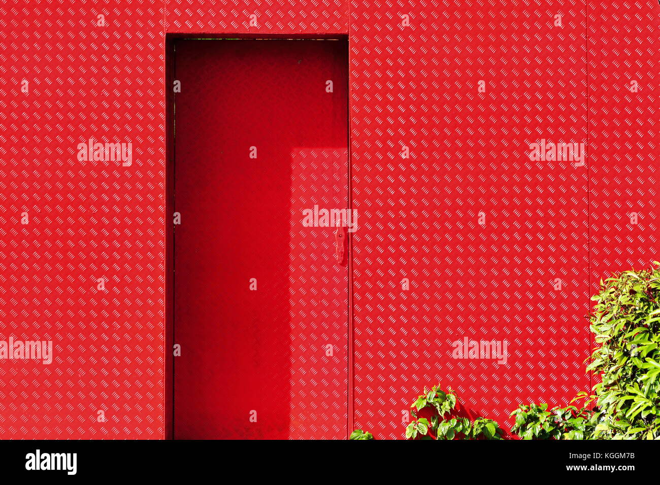 Porta Rossa con foglie verdi ad angolo, strade di Singapore Foto Stock