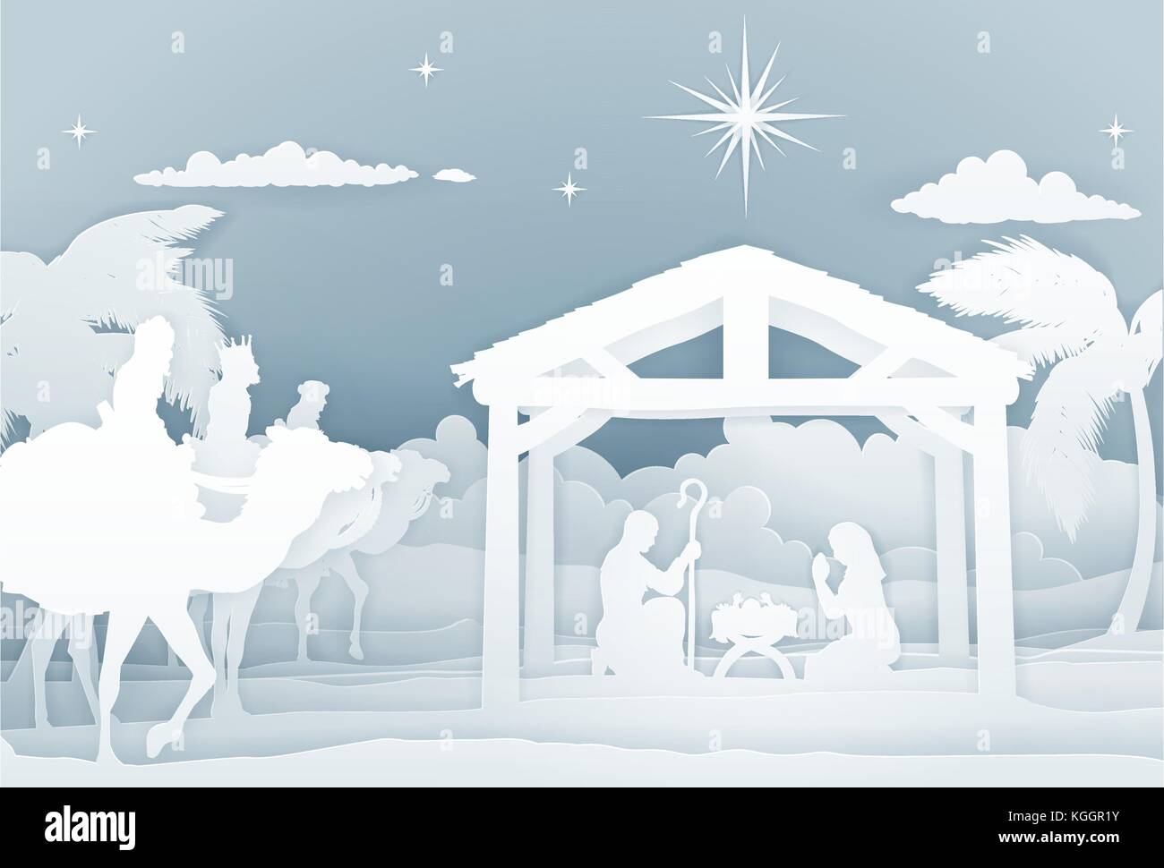 Presepe con tre saggi Illustrazione Vettoriale