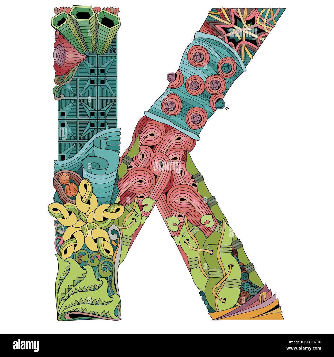 Dipinte a mano e art design. lettera k zentangle oggetto. Illustrazione Vettoriale