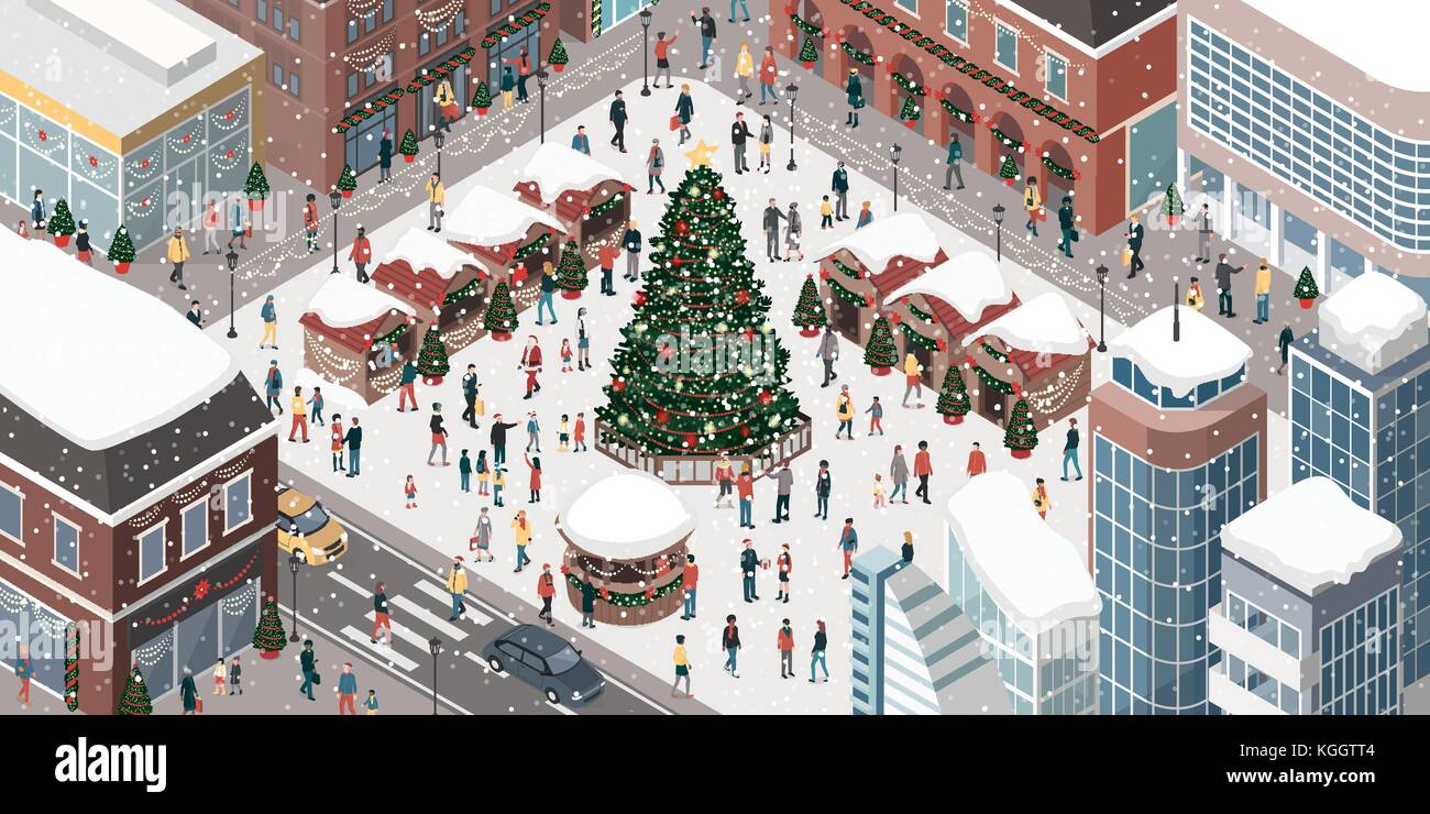 Le persone felici raccogliendo e celebrare il Natale nella piazza della città intorno a un albero sotto la neve Illustrazione Vettoriale