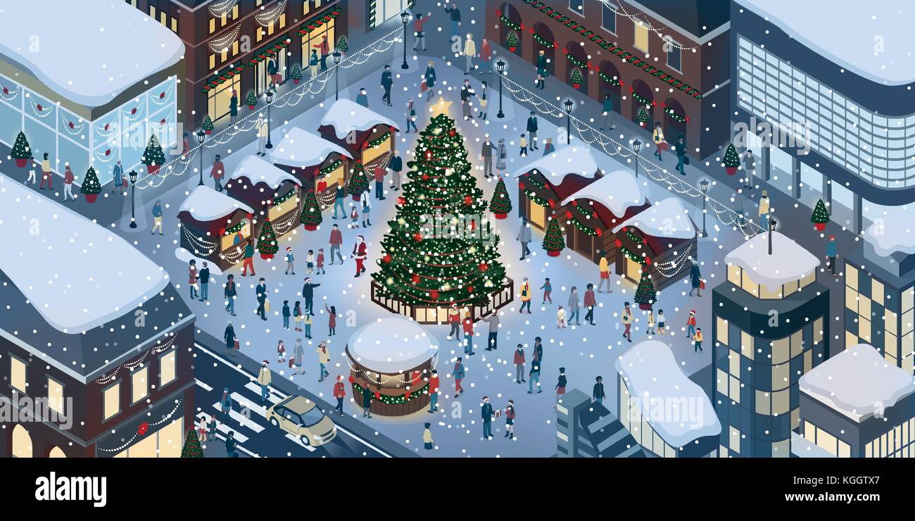 Le persone felici raccogliendo e celebrare il Natale nella piazza della città intorno a un albero sotto la neve Illustrazione Vettoriale