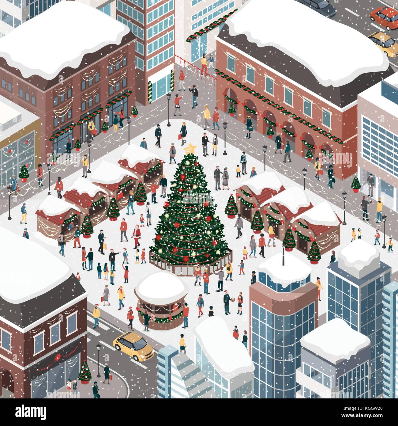 Le persone felici raccogliendo e celebrare il Natale nella piazza della città intorno a un albero sotto la neve Illustrazione Vettoriale
