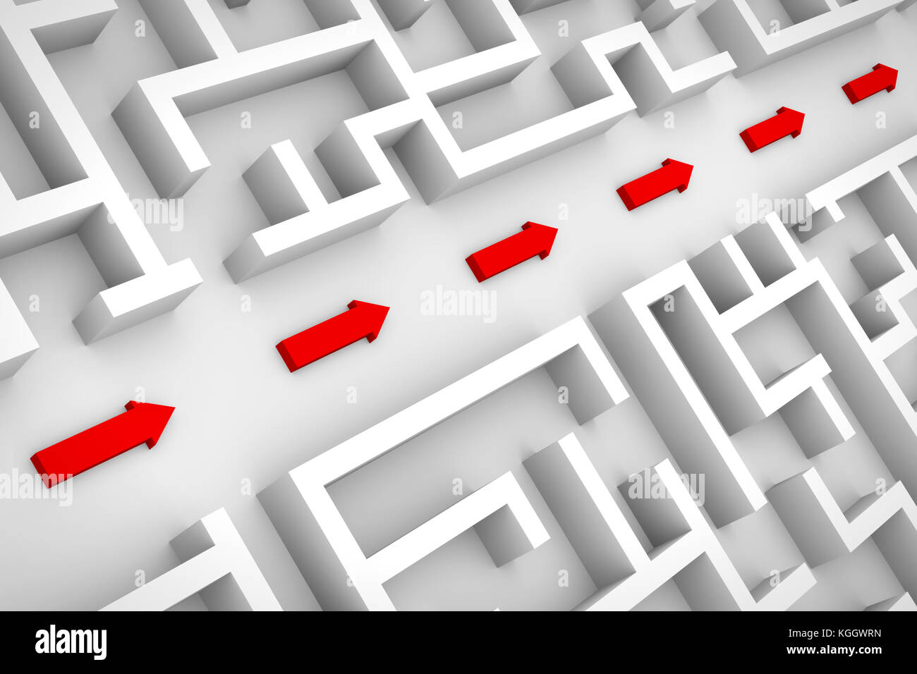 Bianco labirinto struttura, frecce rosse che mostra collegamento attraverso il labirinto (3d'illustrazione) Foto Stock