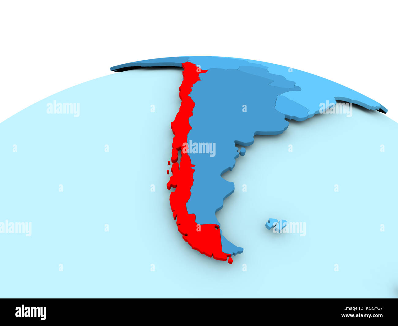Mappa del Cile in rosso su globo politico blu. Illustrazione 3D. Foto Stock