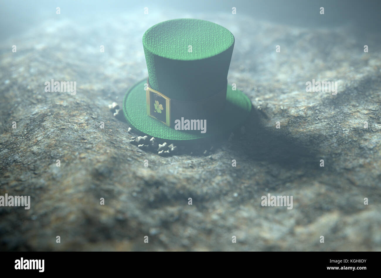 Un concetto di immagine che mostra un piccolo leprechaun hat apparentemente persa sul terreno di notte - 3D render Foto Stock