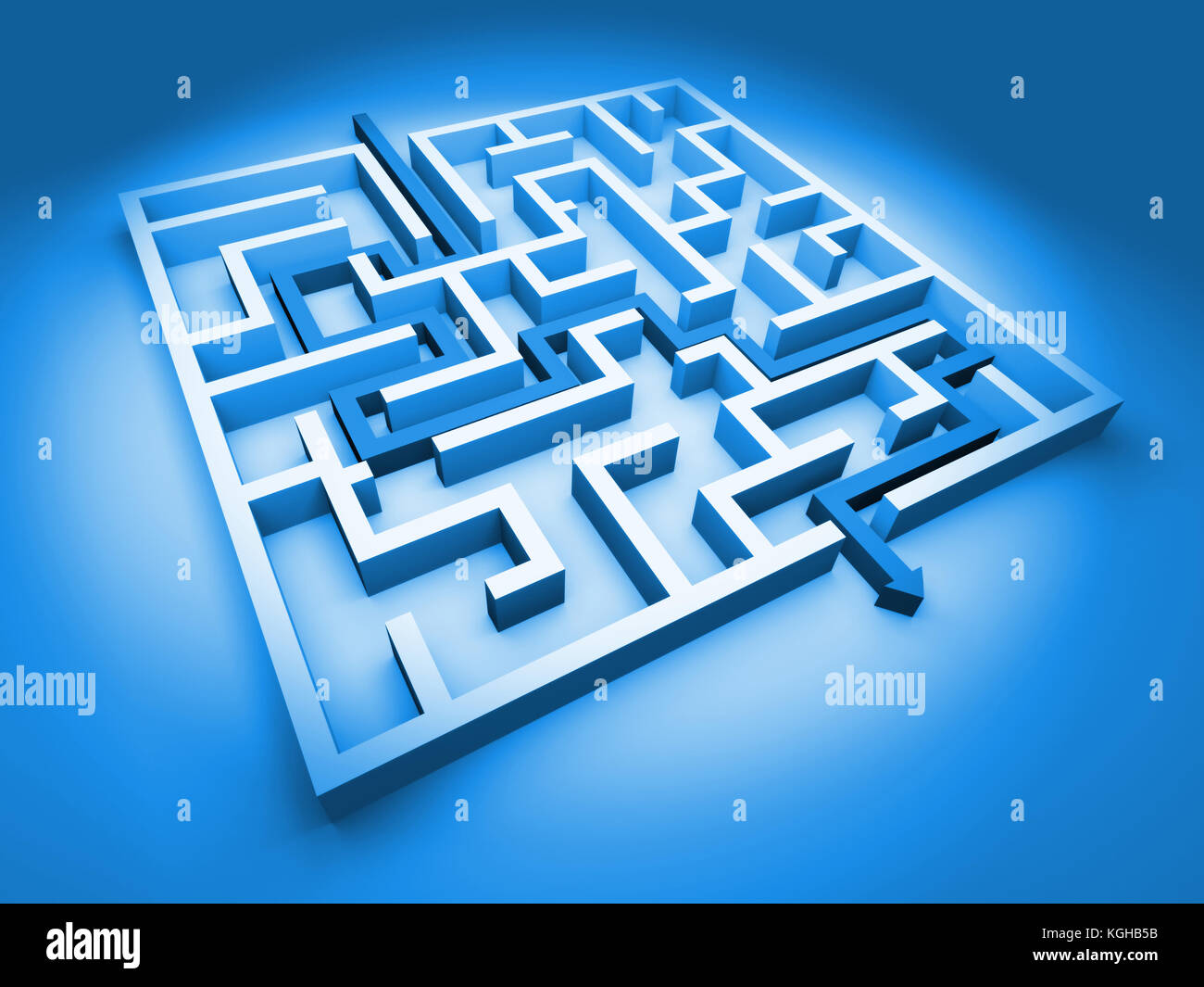 Bianco labirinto struttura con la freccia mostra il percorso attraverso il labirinto (blu 3d'illustrazione) Foto Stock