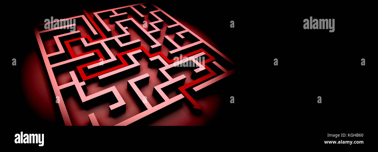 Red maze struttura su sfondo nero con la freccia mostra il percorso attraverso il labirinto (3d illustrazione banner) Foto Stock