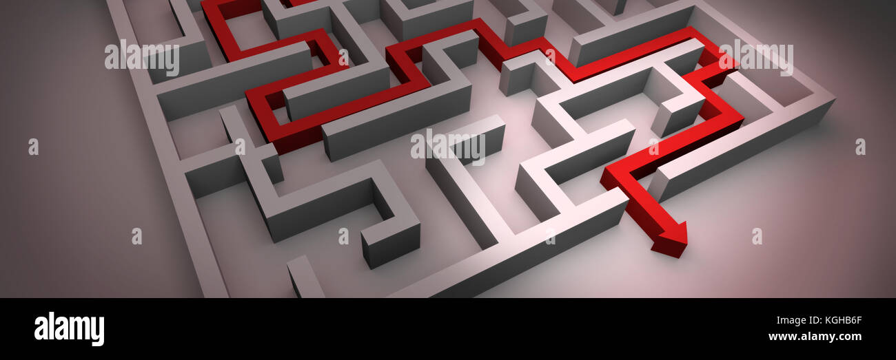 Bianco labirinto struttura con freccia rossa che mostra il percorso attraverso il labirinto (3D render banner) Foto Stock