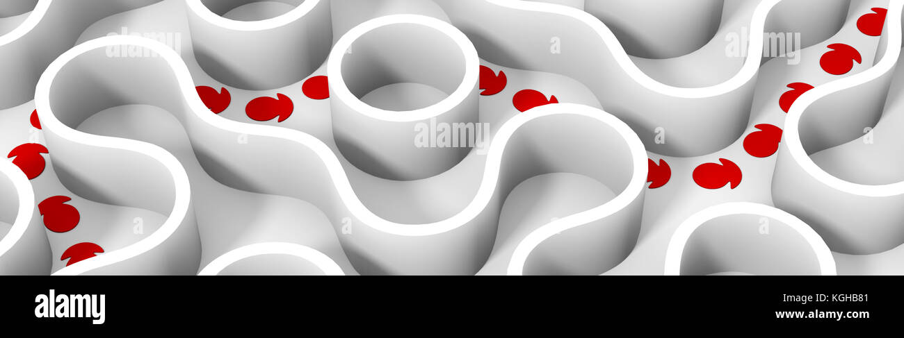 Le frecce rosse che mostra collegamento attraverso il bianco labirinto arrotondato (3d'illustrazione) Foto Stock