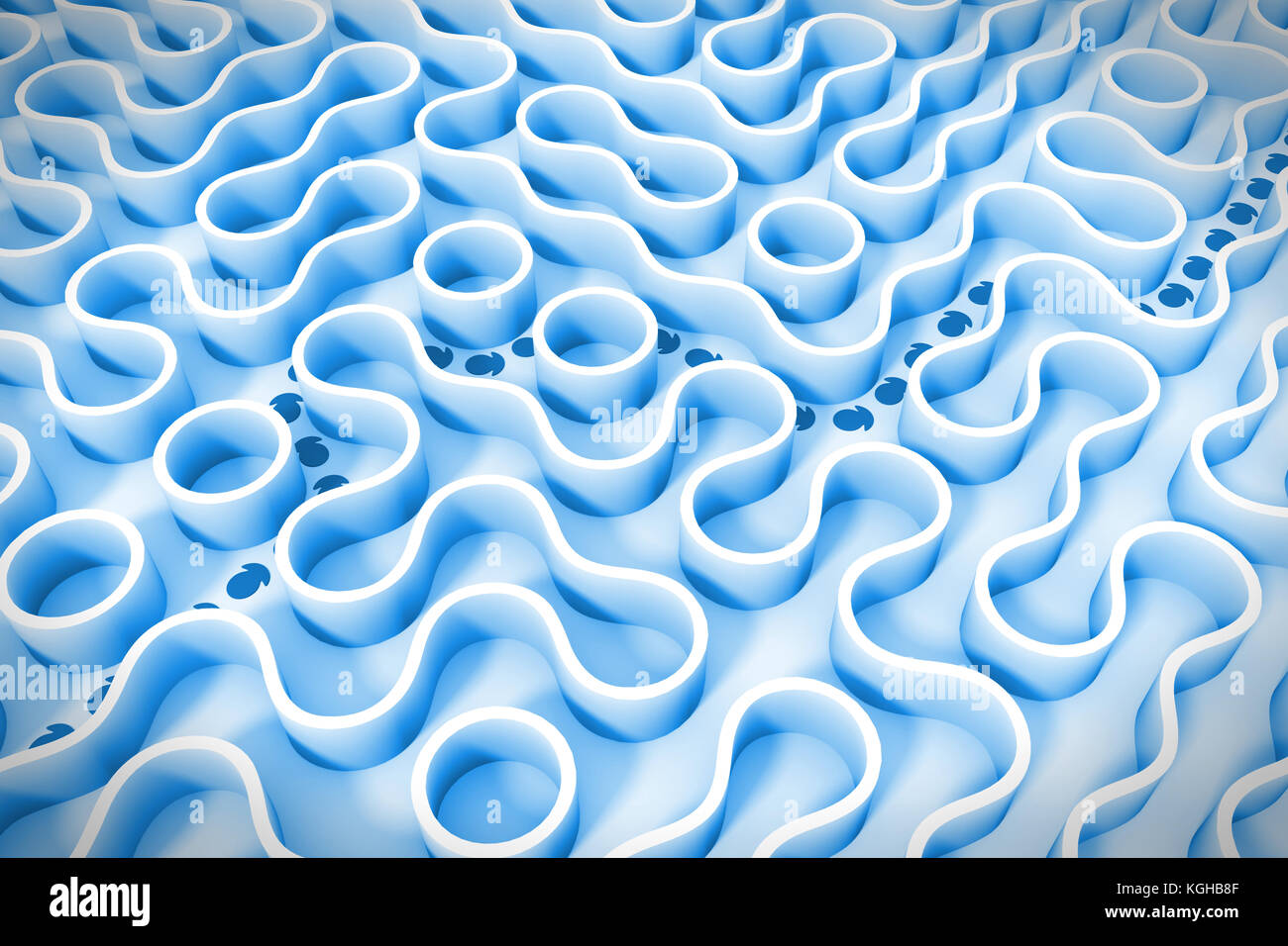 Le frecce che mostrano la scorciatoia attraverso un labirinto di arrotondati in sfumature di blu (3d'illustrazione) Foto Stock
