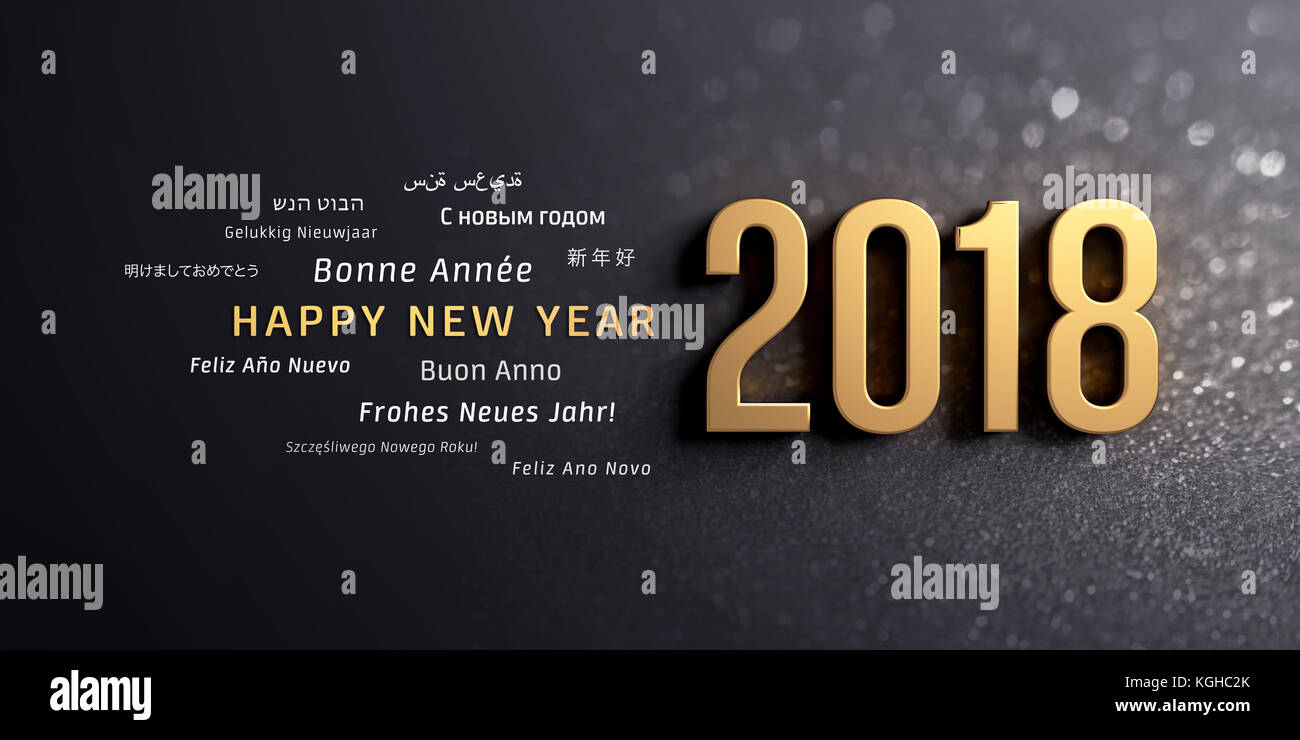 Oro 2018 Anno nuovo dattiloscritto e i messaggi di saluto in più lingue su una scintillante sfondo nero - 3d illustrazione Foto Stock
