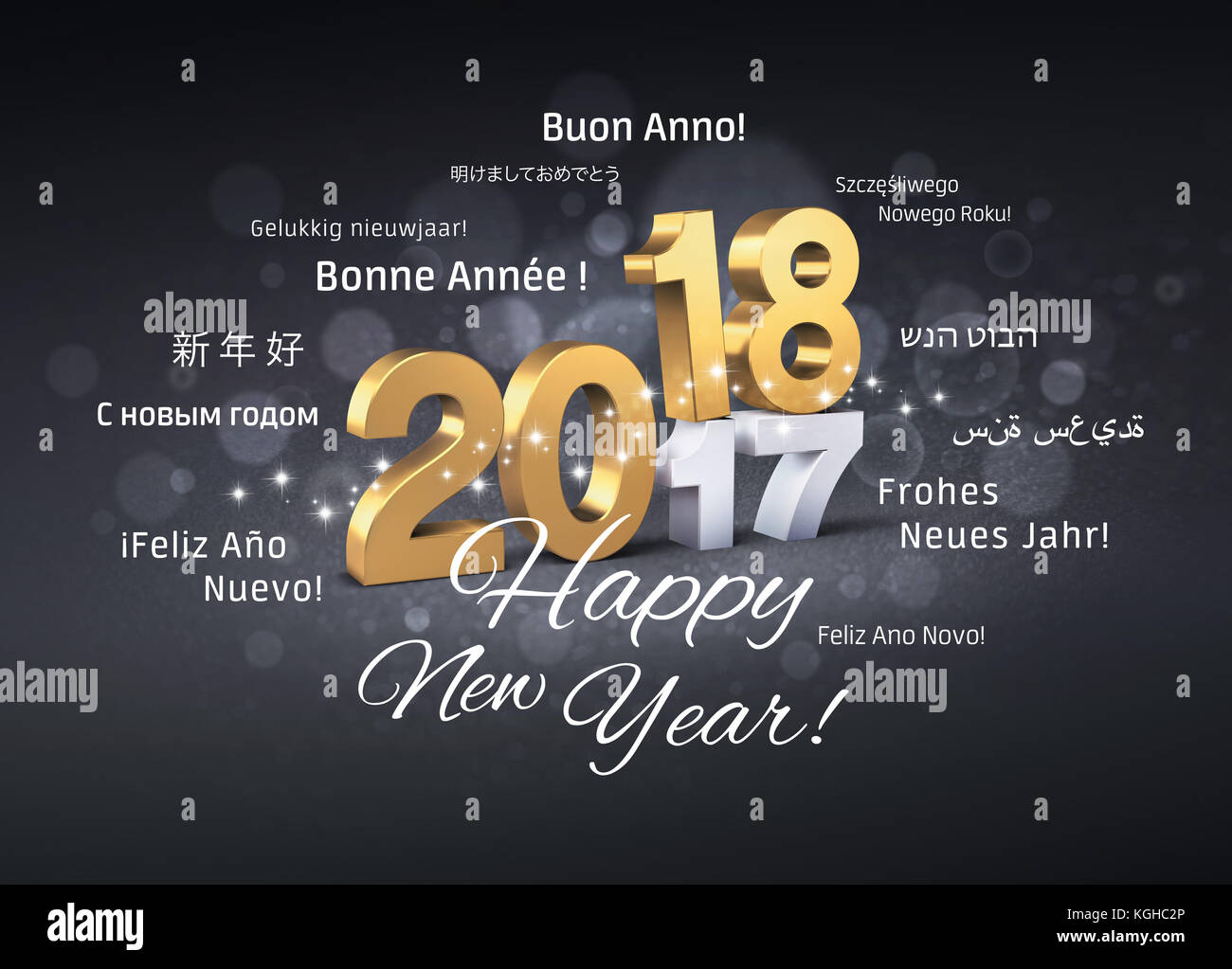 Oro 2018 Anno nuovo dattiloscritto sopra 2017 e i messaggi di saluto in più lingue su una festosa sfondo nero - 3d illustrazione Foto Stock