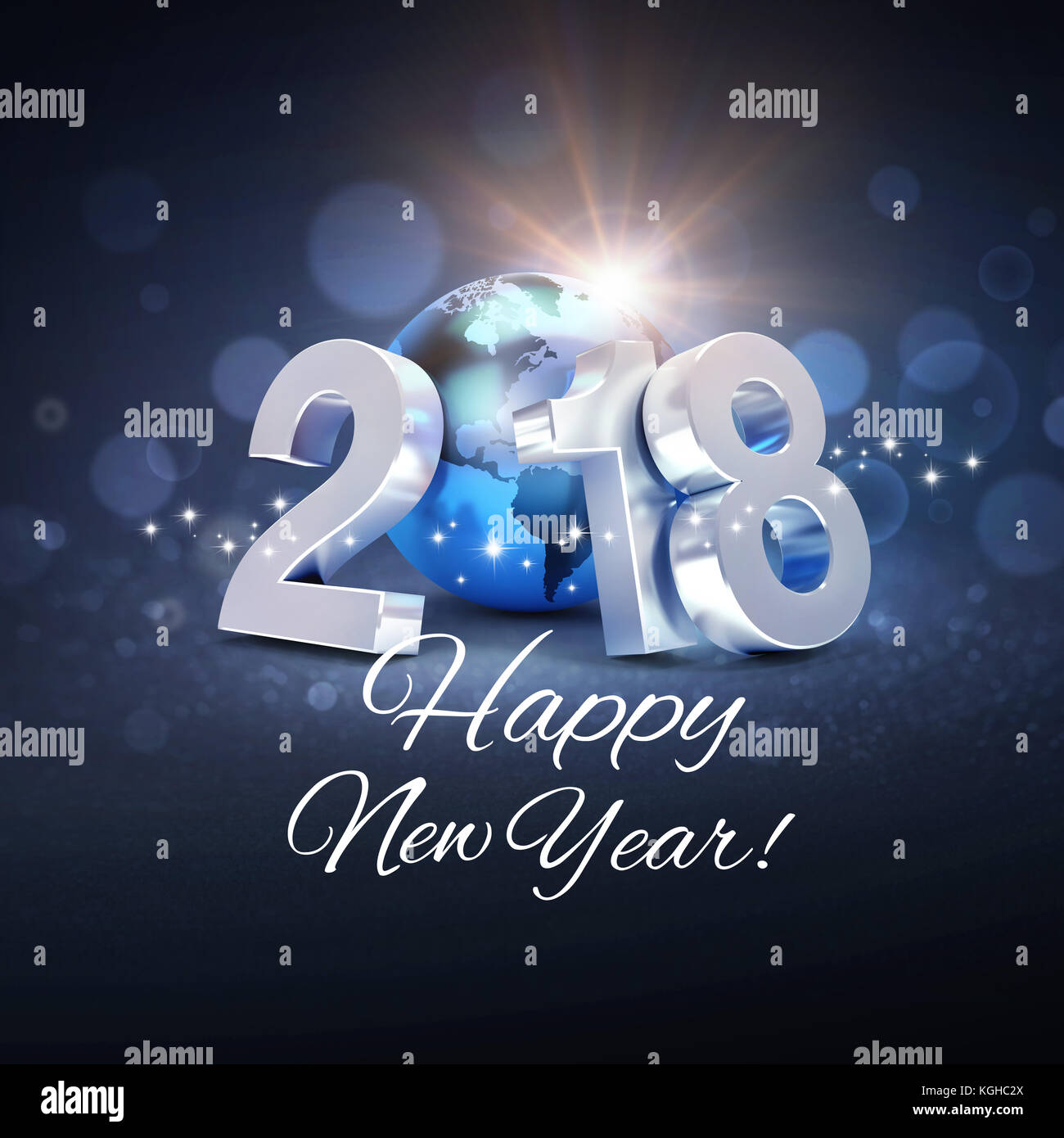 2018 Anno nuovo tipo composta con un blu del pianeta Terra e saluti, su una scintillante sfondo nero - 3d illustrazione Foto Stock