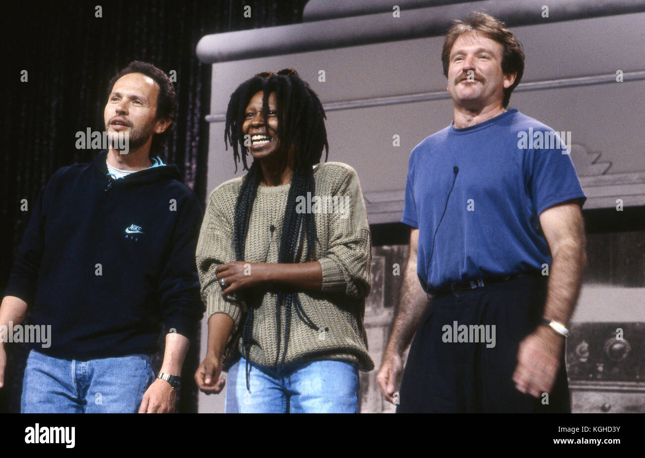 Billy Crystal, Whoopi Goldberg e Robin Williams in rehearal per il sollievo comico vantaggio su HBO. Foto Stock