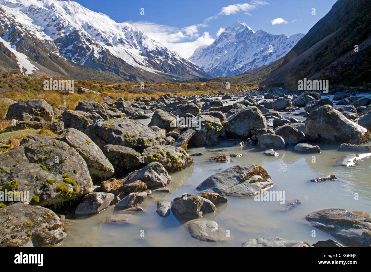 Il Hooker del fiume e Aoraki/Mt Cook Foto Stock