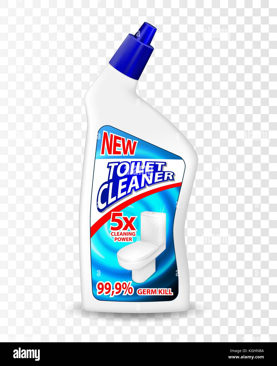 Modello realistico wc gel detergente confezione isolato su sfondo trasparente. Potente detergente per wc annunci, disegno del contenitore con il liquido vettore in 3D illustrazione Illustrazione Vettoriale